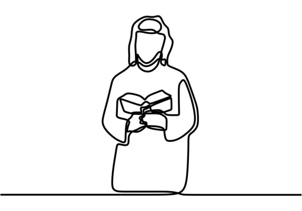 Línea Continua Dibujo Persona Musulmana Leyendo Recitando Corán Día Santo — Vector de stock