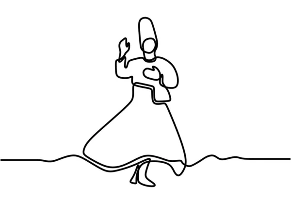 Kontinuální Kresba Sufi Tanec Minimalistickým Designem Izolované Jednom Bílém Pozadí — Stockový vektor