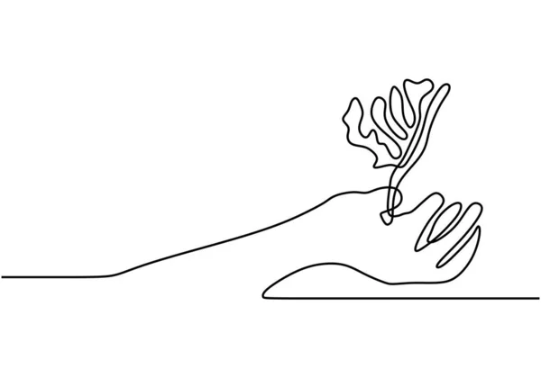 Continue Tekening Van Hand Houden Groeiende Plant Met Minimalistisch Ontwerp — Stockvector