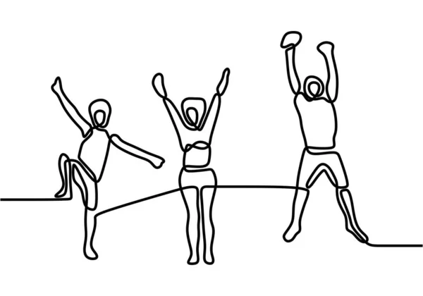 白い背景で描かれた一本の線を飛び越える3人の幸せな人々 — ストックベクタ