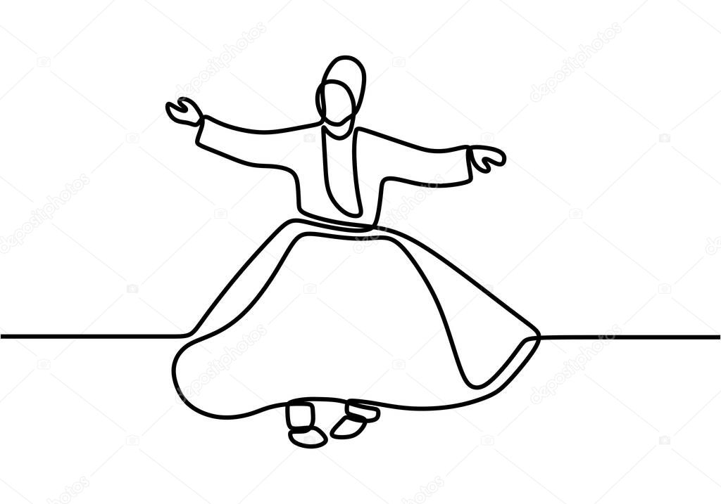 Continuous line drawing Sufi dancing. One hand drawn Islamic traditional whirling dervish with minimalist design isolated in one white background