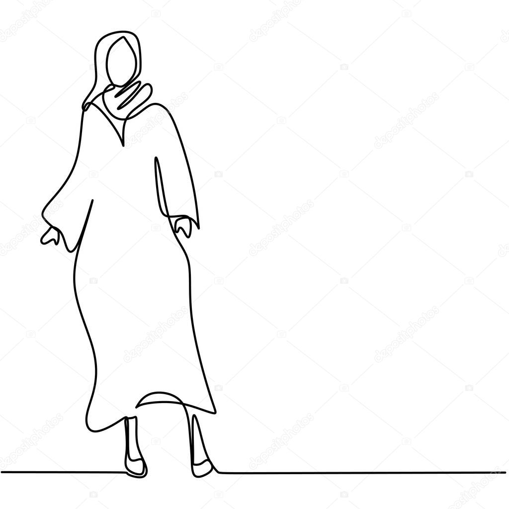 One continuous line drawing of young happy pretty muslimah on headscarf standing pose. Young women model in trendy hijab fashion concept continuous line draw design vector illustration