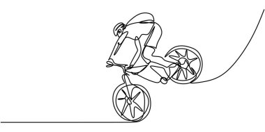 Devamlı bir çizgi halinde kasklı genç bisikletçi bisiklette bir numara yapıyor. Aşırı riskli spor konsepti. BMX bisiklet sürücüsü sokak vektörü illüstrasyonunda serbest stil numarası yapıyor.