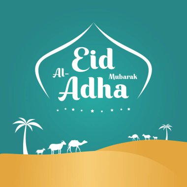 Mavi arka planda Ied al Adha Mübarek İslamınız kutlu olsun. İslami tebrik kartı tasarımı, kağıt kesiminde deve ve ve sahara elementi. Yazılı bayramın kutlu olsun. Vektör Ied Adha
