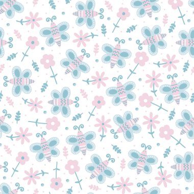 El çizimi, çiçek, yaprak, kelebek deseni. Tekstil, kumaş, kapak, duvar kağıdı, baskı, hediye paketi veya herhangi bir amaç için kusursuz bir arkaplan