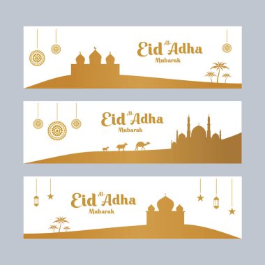 Kurban Bayramı pankartı, modern İslami afiş koleksiyonu, Arap, mübarek kutlamaları, poster, broşür, reklam tasarım vektörü. Bir deve, koyun, inek ve keçi kurban edin.