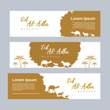 Kurban Bayramı pankartı, modern İslami afiş koleksiyonu, Arap, mübarek kutlamaları, poster, broşür, reklam tasarım vektörü. Bir deve, koyun, inek ve keçi kurban edin.