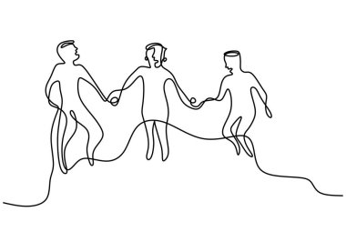 Sürekli olarak mutlu takım üyelerinin atlama çizgisi çiziliyor. Dört genç insan mutluluklarını ifade etmek için birlikte zıplıyorlar. Dört kişilik bir grup sıçrama ve özgürlük minimalist tasarımı. Vektör illüstrasyonu