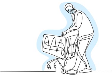 Alışveriş arabalarını tutan bir adamın sürekli çizimi. Genç erkek, COVID19 bulaştırmamak için süpermarketten yüz maskesi takıp yiyecek alırken ayakta duruyor. Yeni normal geçiş