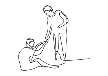 İnsanların çizdiği bir çizgi diğerlerine yardım ediyor. Düşen diğer adama yardım eden genç adam dayanışma jesti gösteriyor. İnsani yardım günü. Karşılıklı destek kavramı. Asgari biçim vektör çizimleri