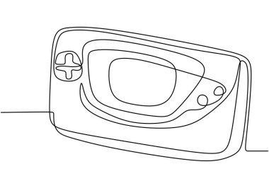 Rozet tarzında sürekli olarak oyun konsolu simgesi çizimi. Beyaz arka planda modern el bilgisayarı konsolu elektronik cihazlar tasarım ikonu. Eğlence ve aktif hayat. Vektör illüstrasyonu