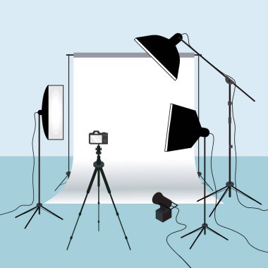 Fotoğraf ekipmanları düz vektör çizimi, fotoğraf çekmek için beyaz arkaplan. Fotoğraf stüdyosunun beyaz arka planı ışık, kamera, tripod ve fon setiyle dolu. Kameraman araçları