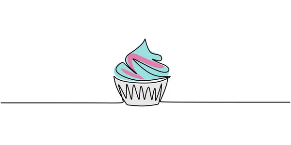 Dibujo Una Sola Línea Pastel Magdalena Dulce Delicioso Menú Cupcake — Vector de stock