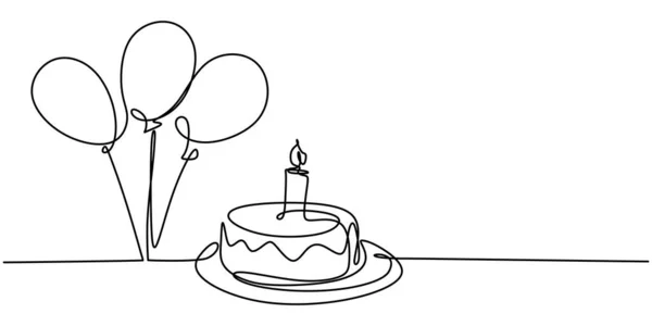 誕生日ケーキの連続線画 甘いクリームとキャンドルのケーキ 白い背景に隔離されたお祝いの誕生日パーティーの概念 手描きベクトルデザインイラスト — ストックベクタ