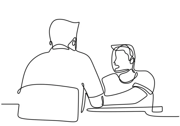 Una Línea Dibujo Dos Hombres Sentados Discusión Dos Hombres Jóvenes — Vector de stock