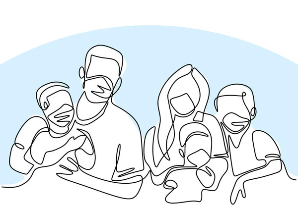 Continuous One Line Drawing Family Wearing Protective Medical Masks Staying — Stock Vector