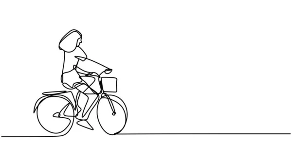 自転車に乗って若い女性の連続1行の図面 ミニマリズムなスタイルで市場に行く間に行使するために彼女の自転車に乗ってかわいい女の子 毎日の活動の概念 ベクターイラスト — ストックベクタ