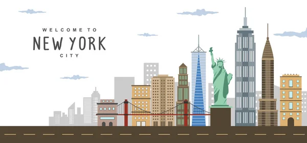 Escena Panorámica Ciudad Nueva York Con Puente Brooklyn Estatua Libertad — Vector de stock