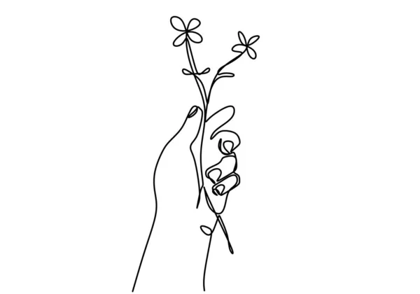 Kontinuierliche Linienzeichnung Der Hand Hält Schöne Blume Minimalistischen Stil Isoliert — Stockvektor