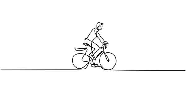 自転車に連続1行の描画男 毎週末の朝 キャラクターの健康的な幸せな男性サイクリング 新しい通常の概念で健康的なライフスタイル ベクターデザインイラスト — ストックベクタ