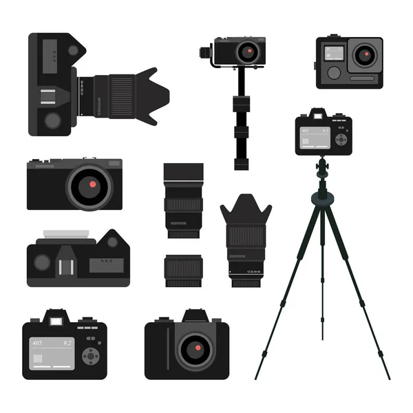 Ensemble Icônes Accessoires Caméra Noire Sur Fond Blanc Matériel Photographie — Image vectorielle