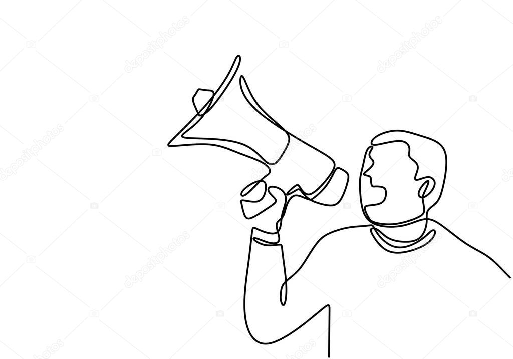 Continuous one line drawn a man talking into a loudspeaker. A male spoke excitedly while holding the megaphone. The concept of announcement, warning, oratory, eloquence, loud statement, publicity