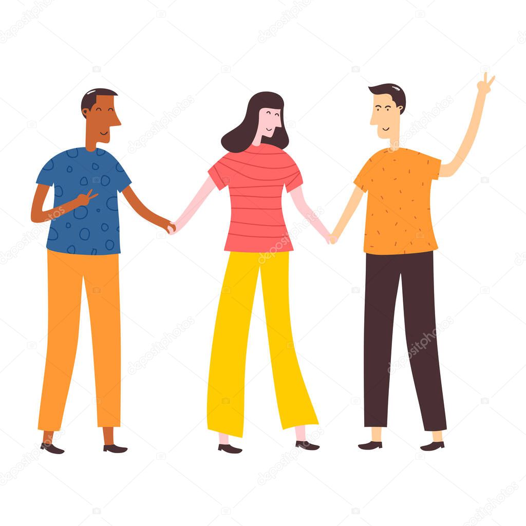 Smiling teenager two boys and a girl holding hands each other with happy expression. School friends standing together. Happy students isolated on white background. Flat cartoon vector illustration