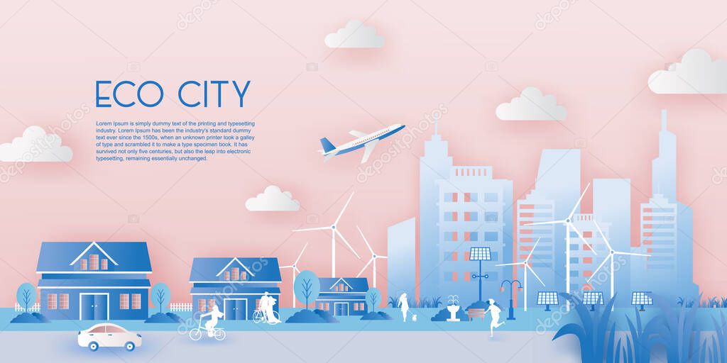 Paper cut design of eco city concept with buildings, landmark and public transportation. Landing page template. Conceptual vector illustration for web and graphic design and marketing