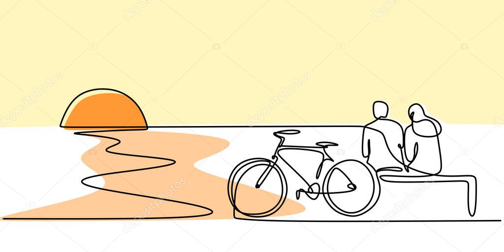 One line drawing of couple sitting on beach with bicycle. Happy young couple by the beach enjoying the sunset isolated vector object by hand on a white background. Minimalist style