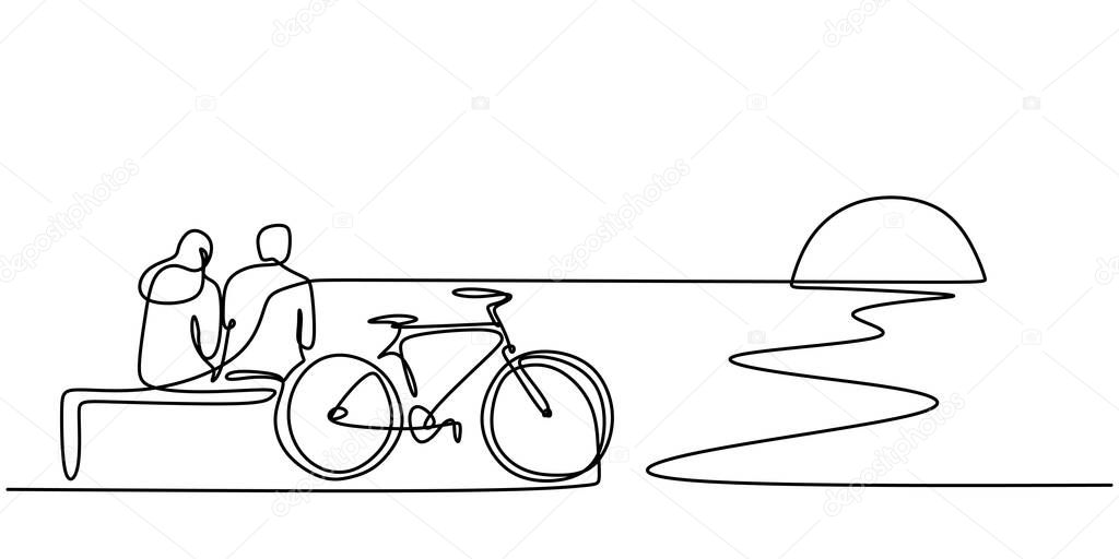 One line drawing of couple sitting on beach with bicycle. Happy young couple by the beach enjoying the sunset isolated vector object by hand on a white background. Minimalist style