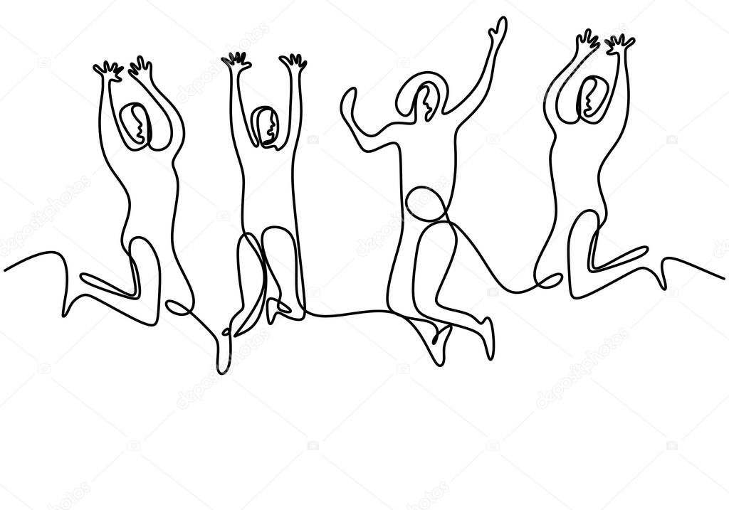 Continuous line drawing of jumping happy team members. Four young people jump together to express their happiness. Group of four people jump and freedom minimalist design. Vector illustration