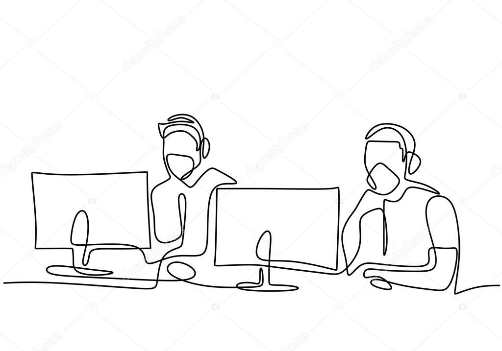 Continuous line drawing of gamer with protective face mask. Two young man look into monitor screen and playing a game console at home during self isolation in pandemic. Vector design illustration
