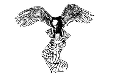 Beyaz arka planda izole edilmiş Amerikan bayrağını tutan tek renkli uçan kartal. Kartal, Amerikan bayrağını duvar kağıdı, poster veya logo için tutuyor.