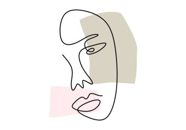 Sürekli çizgi, yüz çizimleri, moda minimalist konsepti, vektör illüstrasyonu. Beyaz arka planda soyut bir yüz çizilmiş kadın eli. Modern soyut tarzda bir kadın portresi