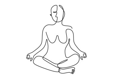 Yoga pozu veren bir kadının sürekli bir çizimi. Yoga lotusu pozuyla bacak bacak üstüne atan sağlıklı bir genç kız. Meditasyon konsepti minimalizm teması. Vektör tasarımı illüstrasyonu