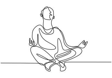 Sürekli yoga pozu veren bir adamın çizimi. Yoga lotusu pozuyla bacak bacak üstüne atan sağlıklı genç bir erkek. Meditasyon konsepti minimalizm teması. Vektör tasarımı illüstrasyonu