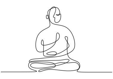 Sürekli yoga pozu veren bir adam çiziyor. Genç erkek bacak bacak üstüne atmış ve ellerini katlamış. Yoga nilüfer pozu. Vektör sağlığı illüstrasyonunu kabul et Uluslararası Yoga Minimalist Tarzı Günü