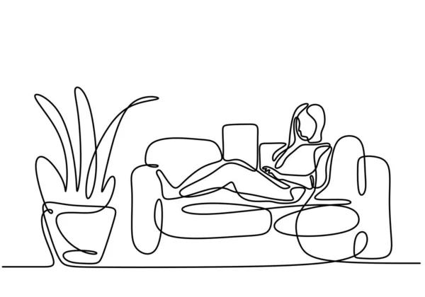 One Continuous Line Drawing Girl Sitting Her Sofa Young Attractive — Stock Vector