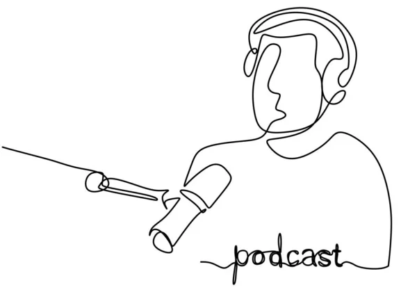 Línea Continua Dibujo Podcast Hombre Hombre Joven Como Presentador Invitado — Vector de stock