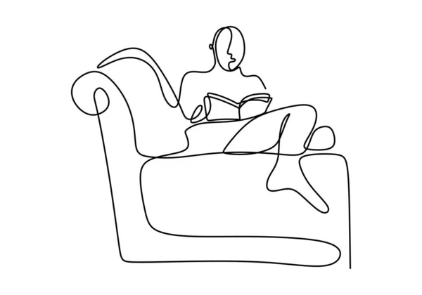 一个年轻快乐的年轻人通过躺在沙发上看书的方式 连续画了一张线条图 享受时间概念单行绘图符号设计矢量图解 — 图库矢量图片