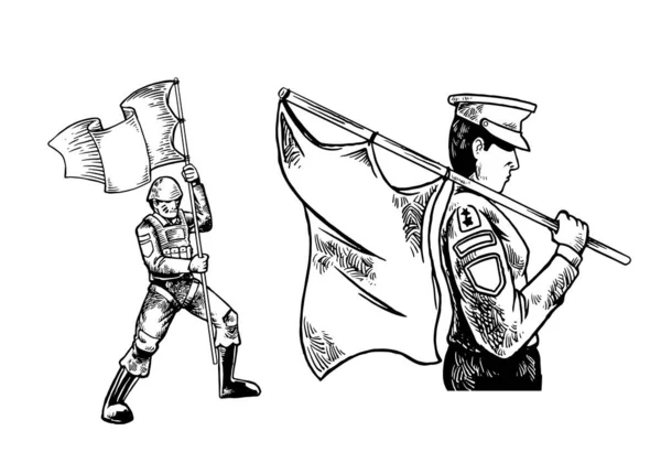 白地に隔離された旗のイラストをもたらす手描きの兵士 白地に隔離された旗のイラストをもたらすモノクローム兵士 — ストックベクタ