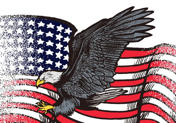 Handgezeichneter Fliegender Adler Mit Abbildung Der Amerikanischen Flagge Auf Weißem — Stockvektor