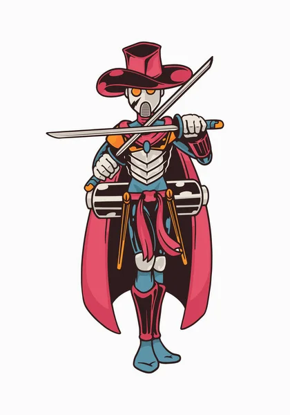 赤い帽子の侍ロボットイラスト 白地に刀を隔てたクールな侍サイボーグ — ストックベクタ