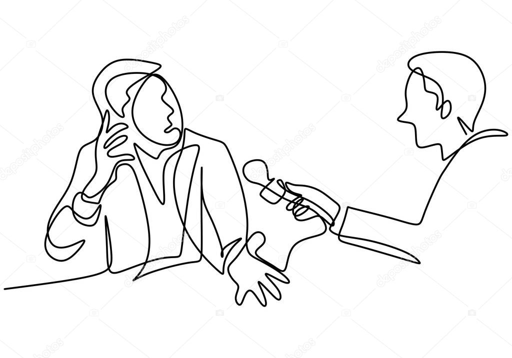 One continuous line drawing of a man holding a microphone in hand and asking a question to others man who is public figure. A male as an artist are interviewed by television broadcast journalist