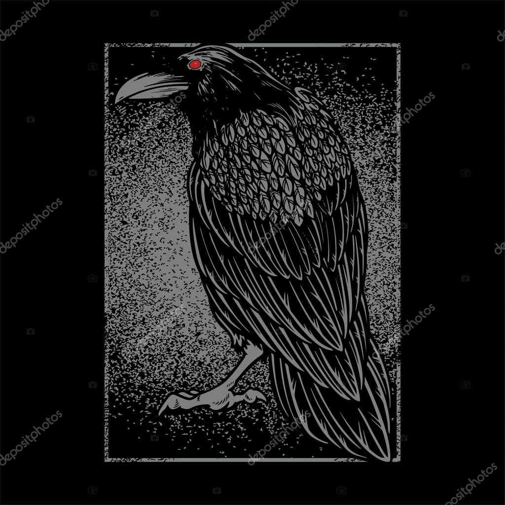 Dark evil raven for halloween theme tattoo and t-shirt design. Vintage crow symbol of gothic, halloween, fear. Hunter bird. Great for greeting cards, invitations, for printing on T-shirts and more