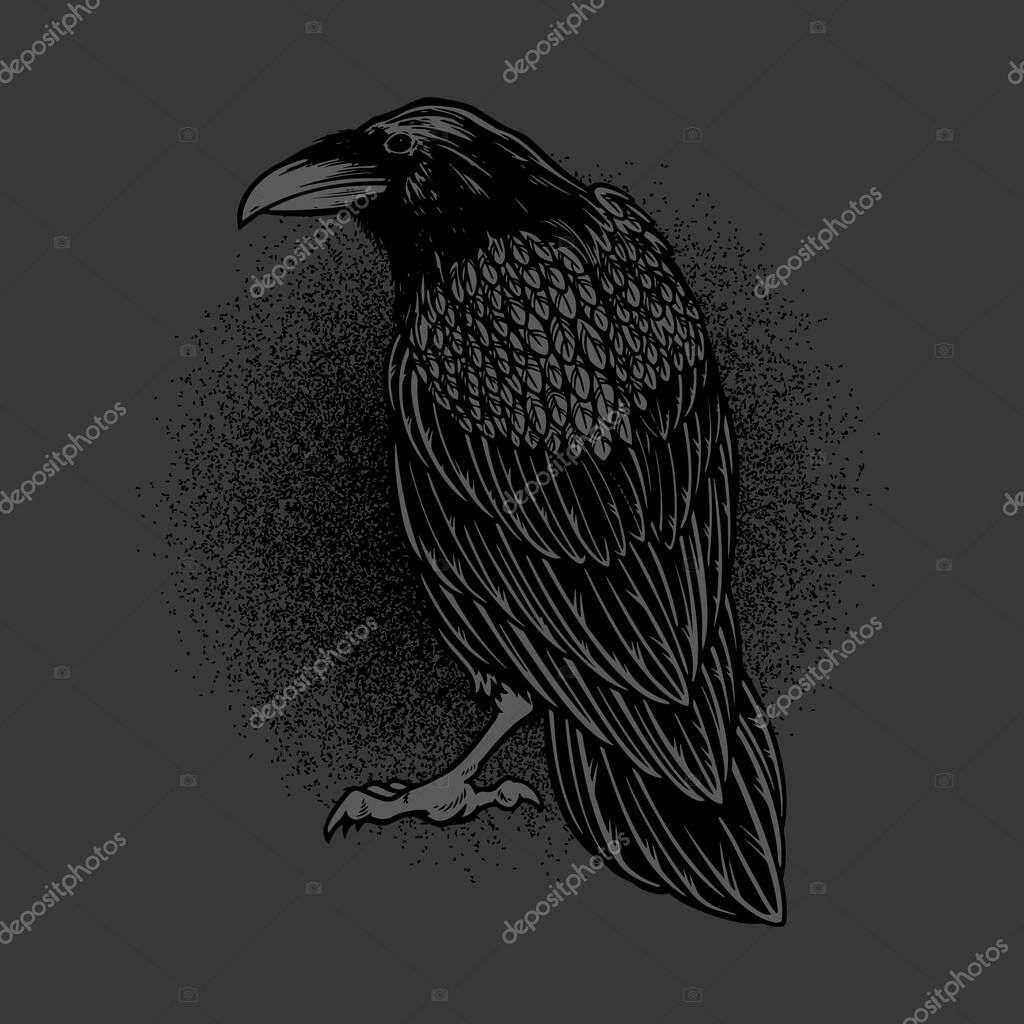 Dark evil raven for halloween theme tattoo and t-shirt design. Vintage crow symbol of gothic, halloween, fear. Hunter bird. Great for greeting cards, invitations, for printing on T-shirts and more