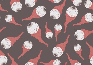 Çocuklar için kusursuz bir Cadılar Bayramı örneği. Çocuklar için el çizimi cadılar bayramı deseni. Cadılar Bayramı deseni siyah arka planda izole edilmiş şirin ve korkutucu kırmızı gözlerle.