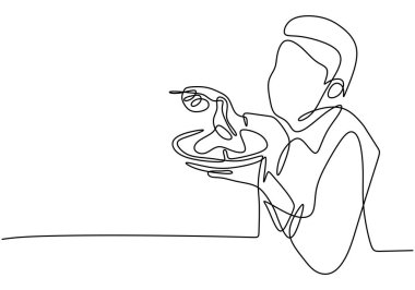Continuous single line drawing of a boy eating. Teenager man sitting and eating noodle on the table. Eat with appetite. Each gourmet with an open mouth holds a fork with food. Vector illustration vector Continuous single line drawing of a boy eating. Teenager man sitting and eating noodle on the table. Eat with appetite. Each gourmet with an open mouth holds a fork with food. Vector illustration vector