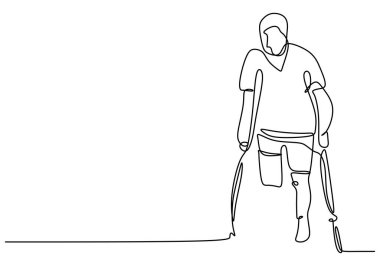 Tek bacaklı genç bir adam. Minimalist tasarımı olan sürekli bir çizgi. Tek bir beyaz arka planda izole edilmiş. Tek bacaklı bir erkek sopayla yürümeyi öğreniyor. Minimalist tasarım. Vektör illüstrasyonu