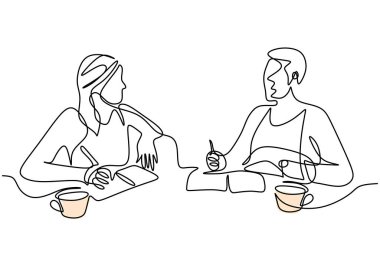 Genç bir erkek ve kadının kahve dükkanında kahve içerken çekilmiş bir çizim. Mutlu erkek ve kadın kahve severler oturup iş konuşuyorlar.